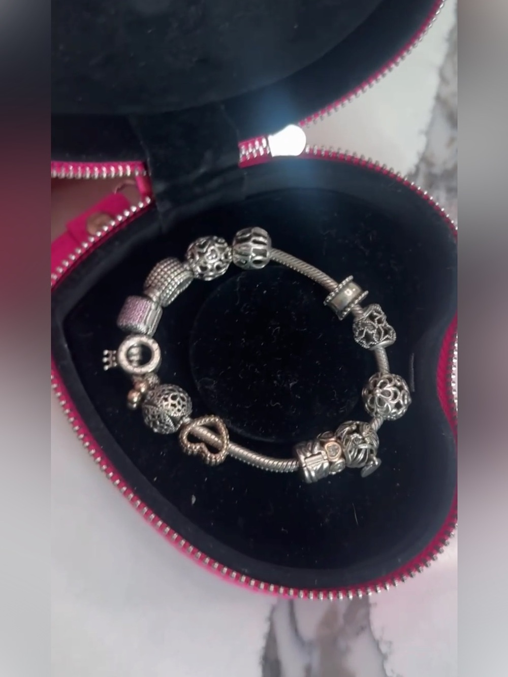 Sterling Silver Charm Bracelet with Mixed Silver Charms - Pink Case